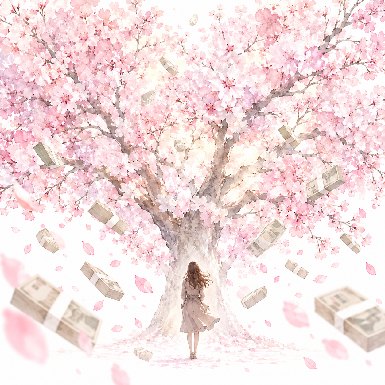 満開の桜の下に立つ女性と、舞い降りる札束を描いた水彩画